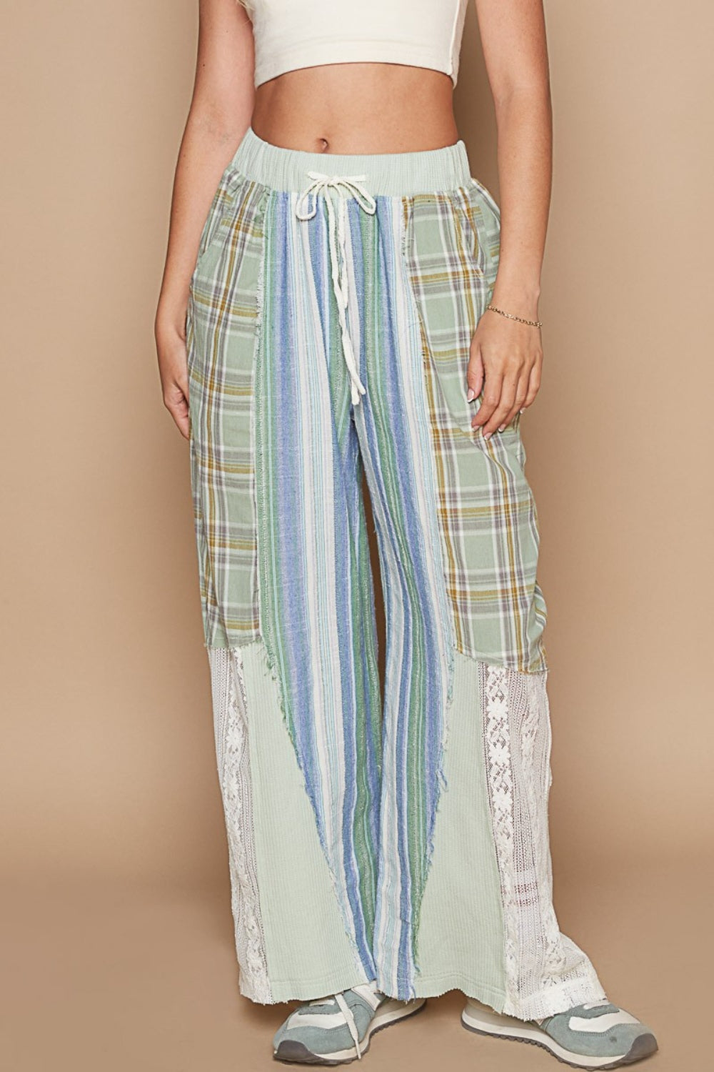 POL Drawstring Plaid Print Lace Straight Pants