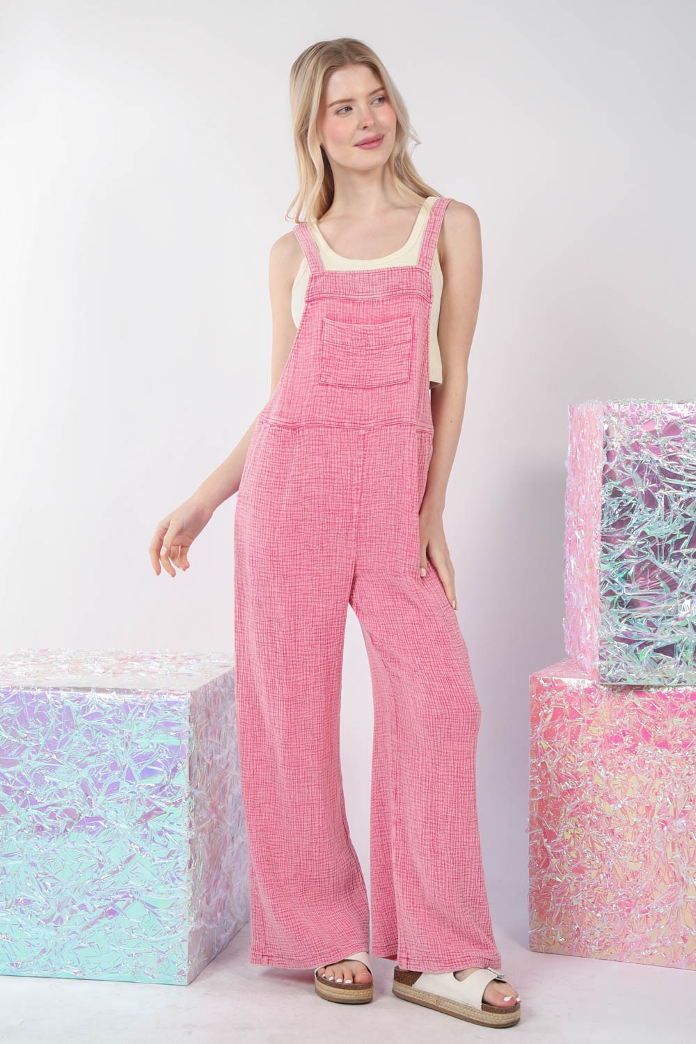 VERY J Texture Washed Wide Leg Overalls