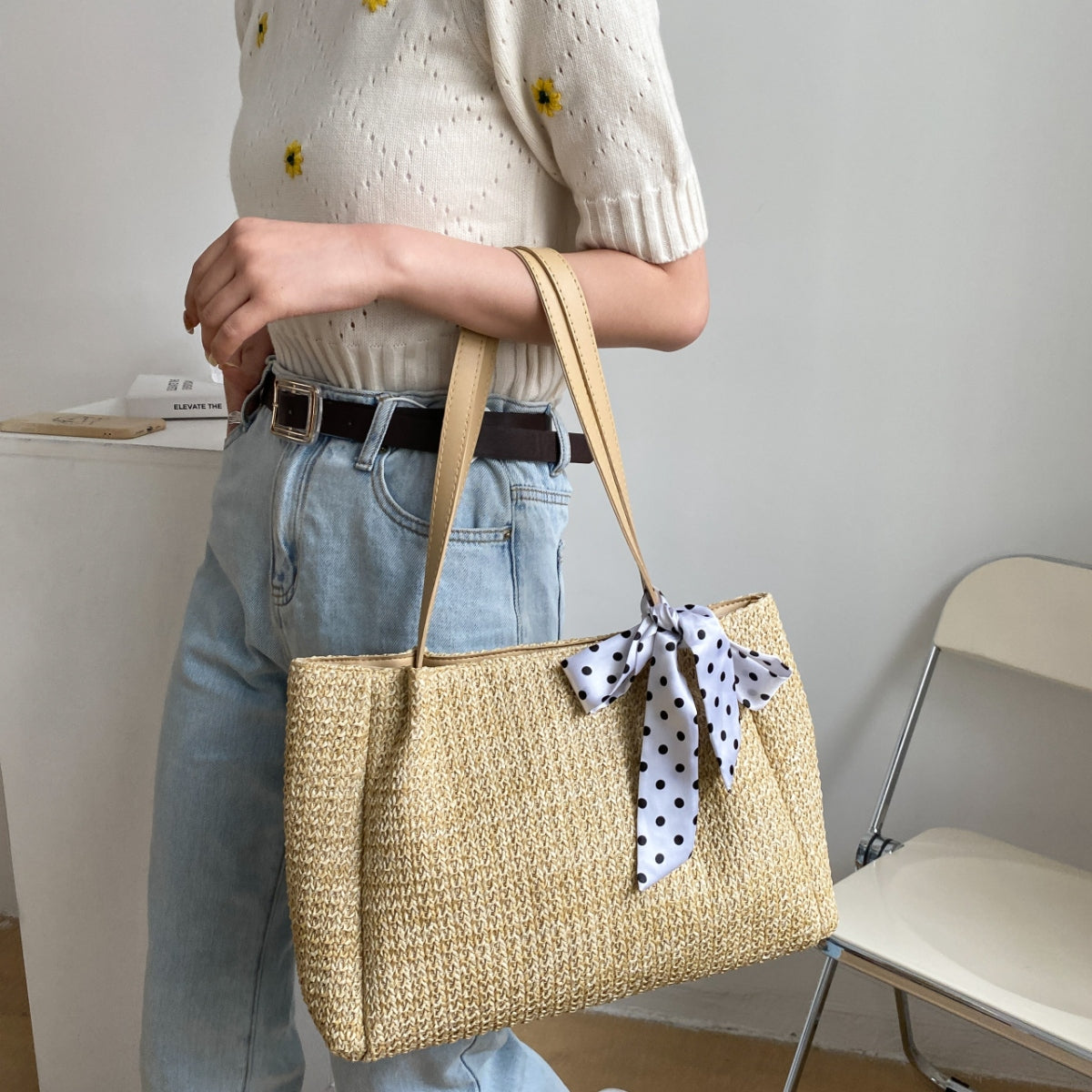 Straw Woven Leather Strap Handbag