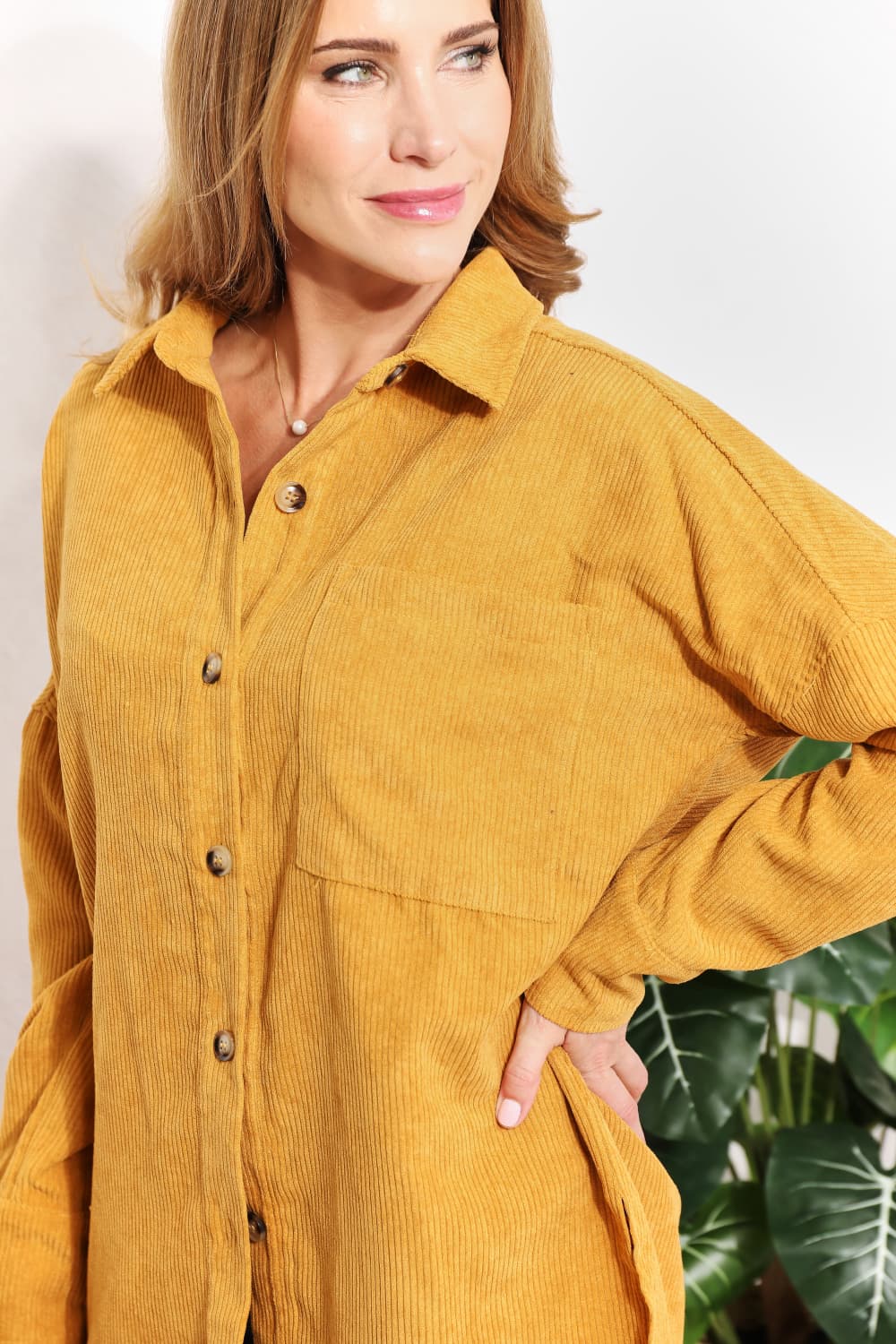 HEYSON Full Size Oversized Corduroy  Button-Down Tunic Shirt with Bust Pocket