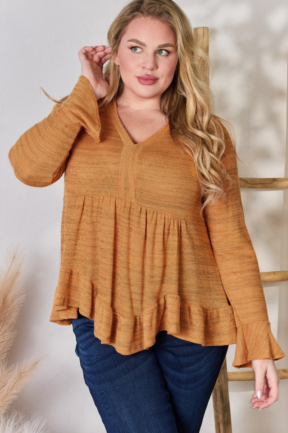 Hailey & Co Full Size V-Neck Flounce Sleeve Blouse