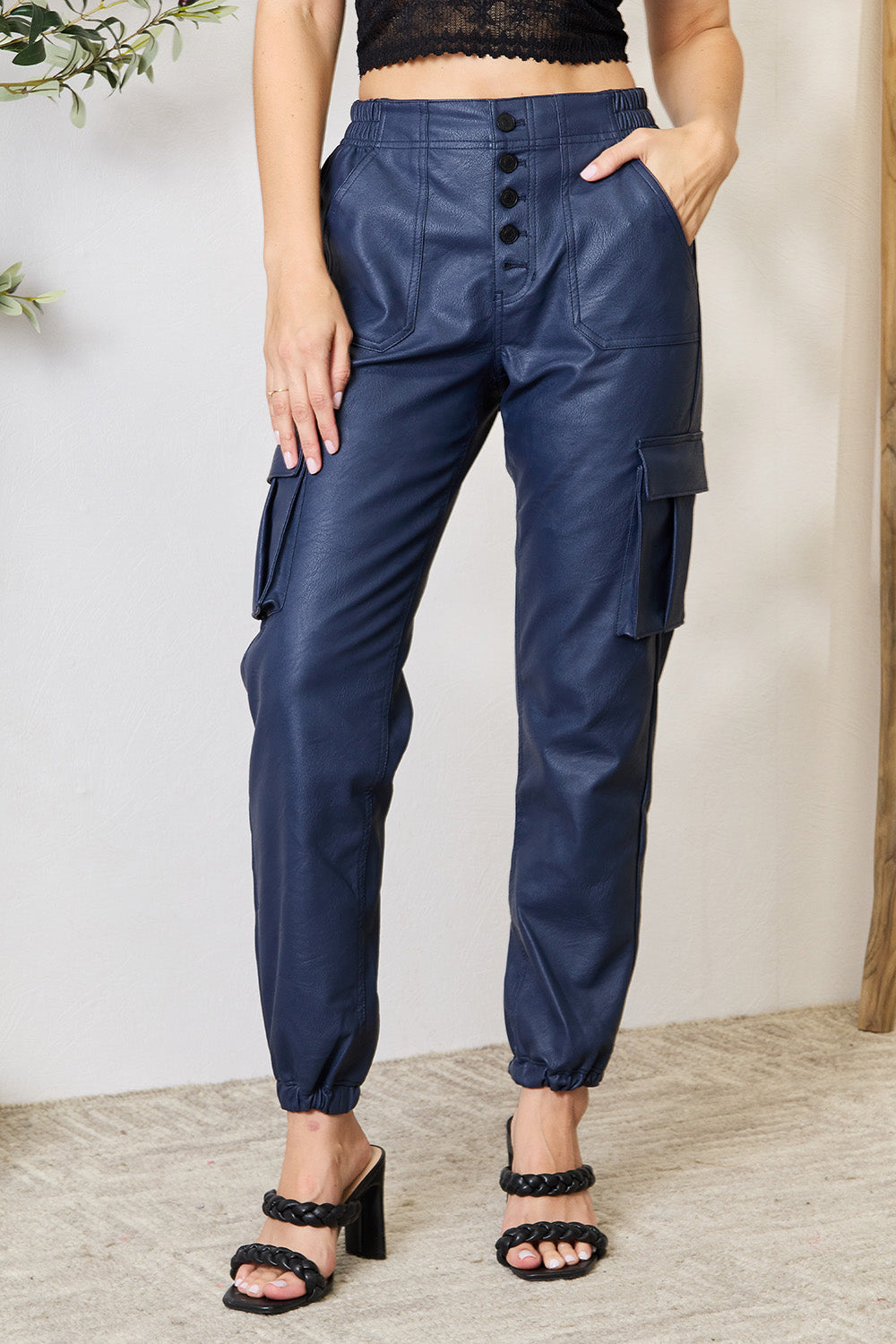 Kancan High Waist Faux Leather Cargo Joggers