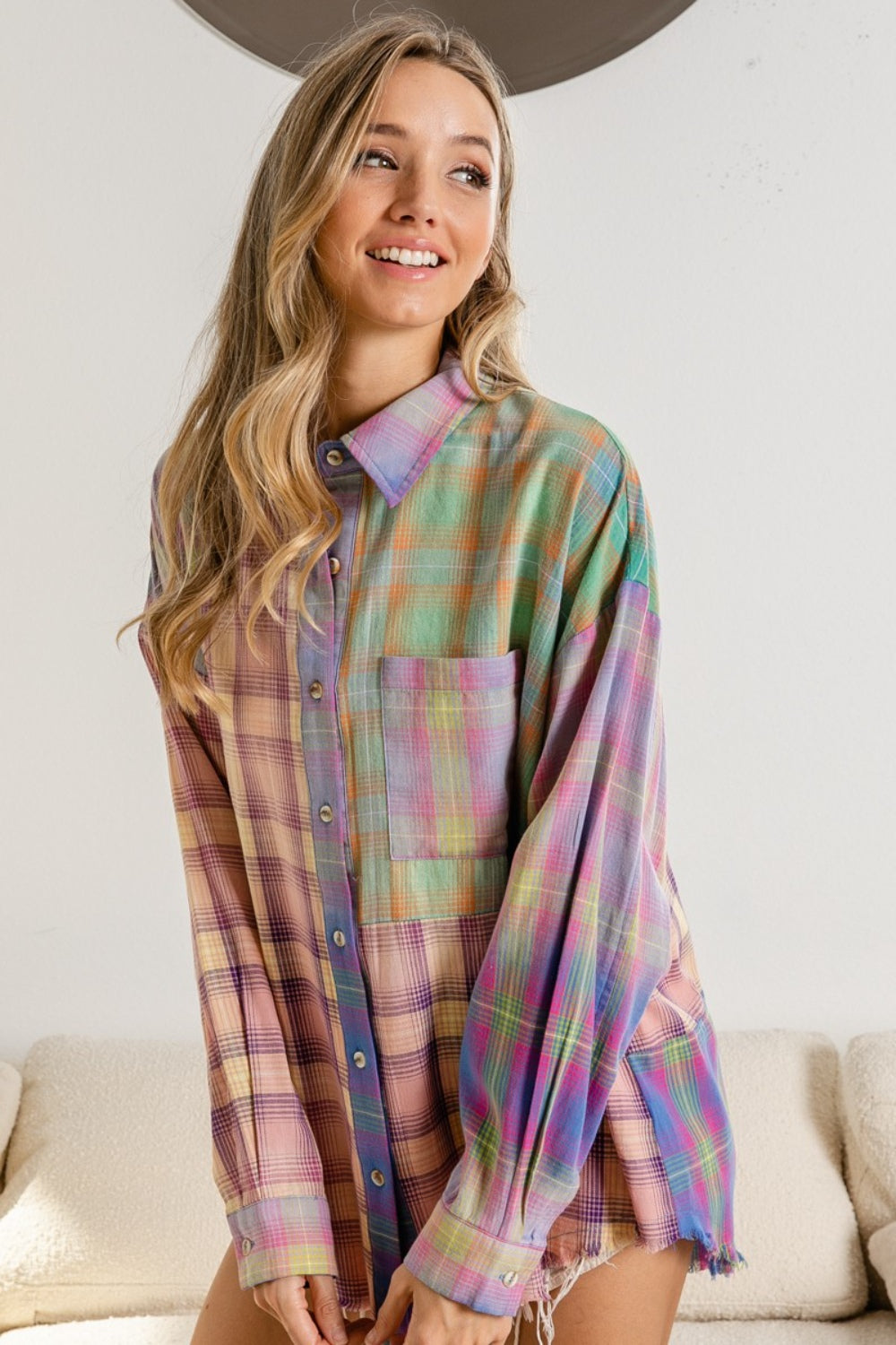 BiBi Plaid Color Block Button Up Shirt